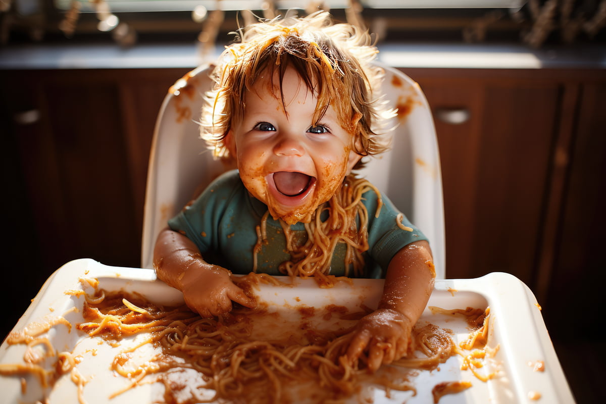 kid eating spaghetti and making a mess with huge smile